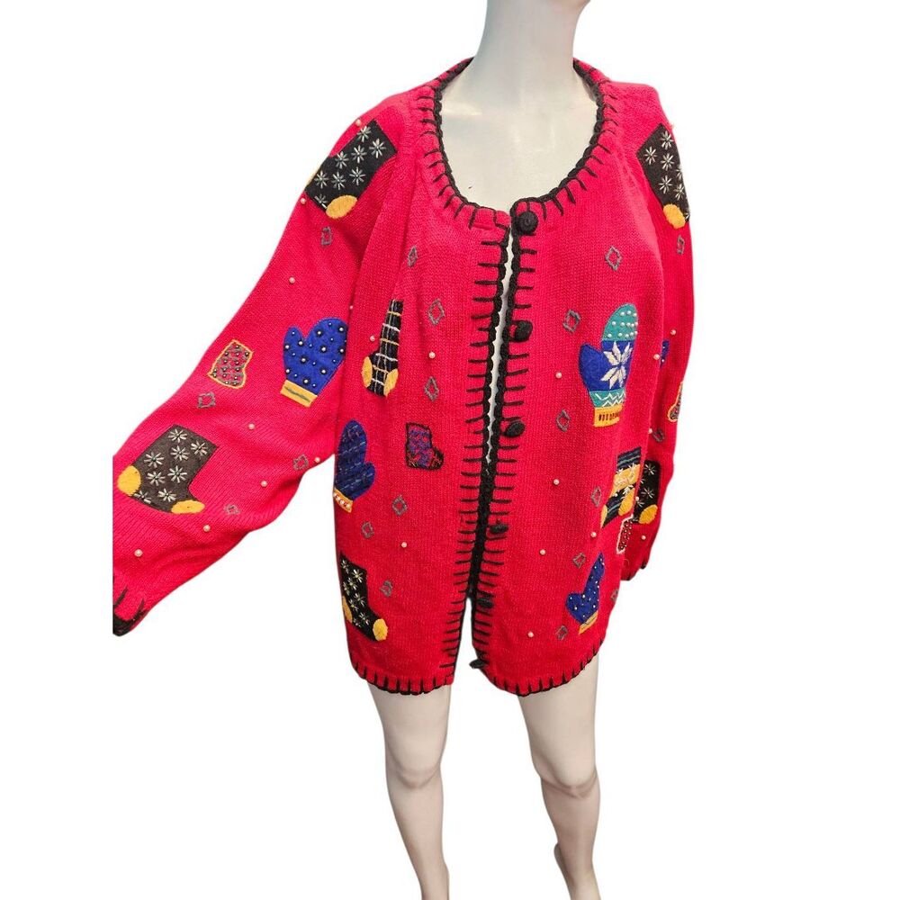 Lord & Taylor Red Christmas Sweater Cardigan Womens Size 2X Vintage 90's